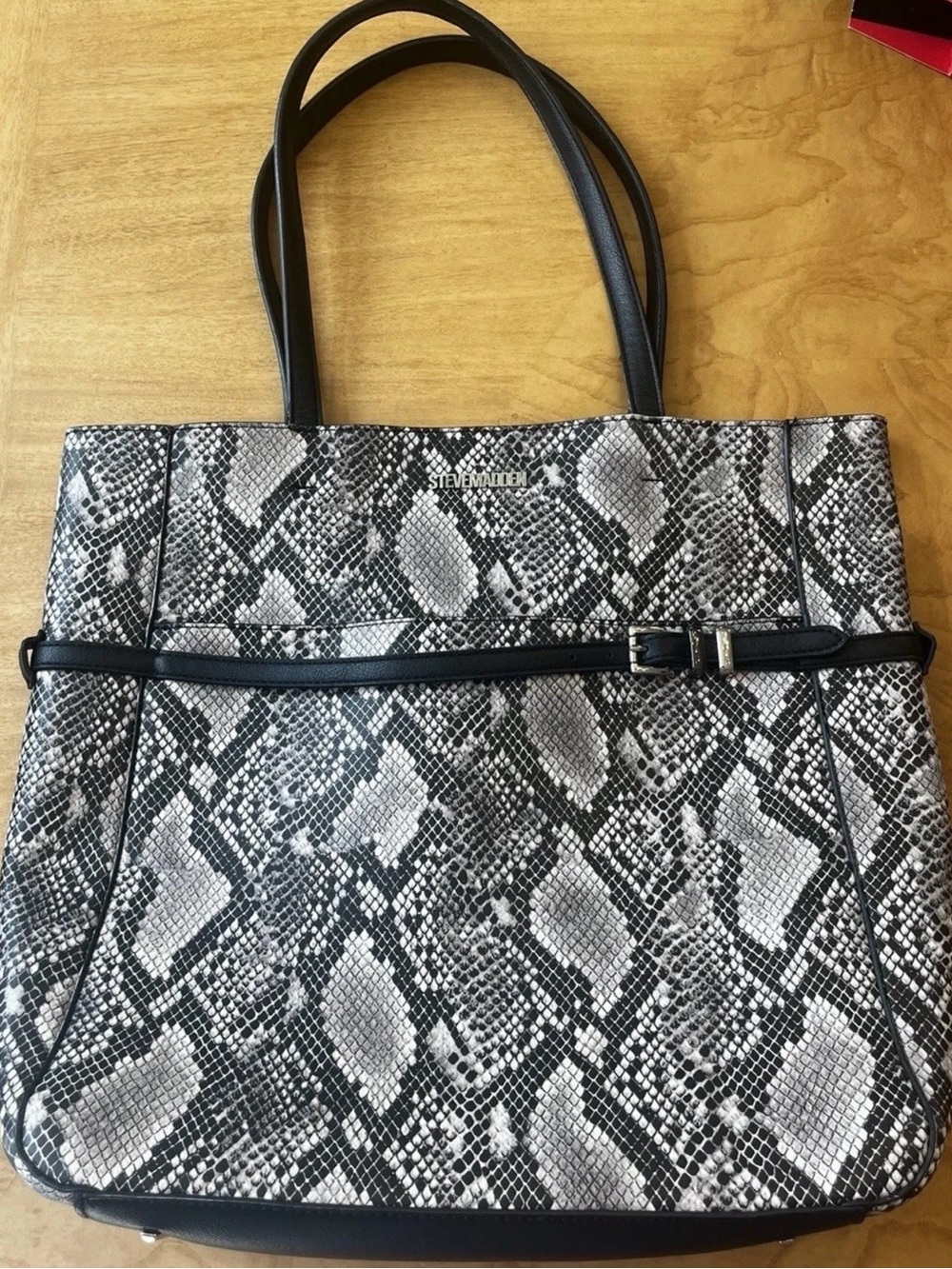 Steve Madden Large Black White Snakeskin Print Faux Leather Tote Shoulder Bag